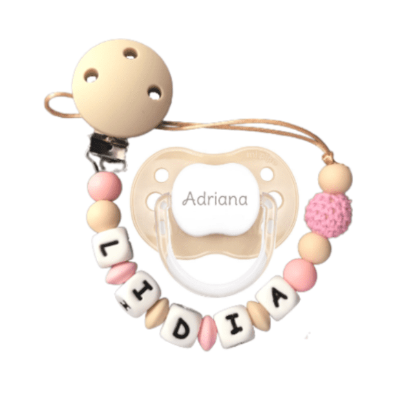 Chupetero De Silicona ganchillo rosa con chupete beige personalizado